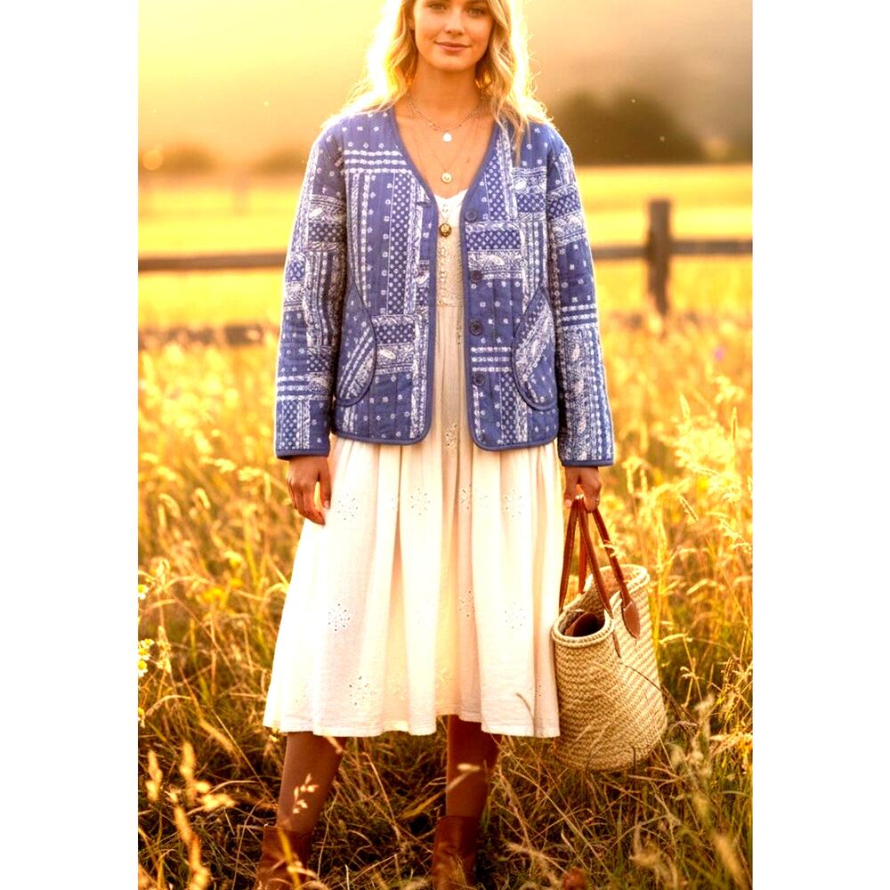 Boho Quilted Cardigan Coat Western Layering Patchwork Fish Cottage Lagenlook XL